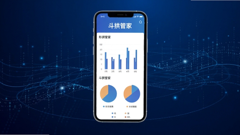 斗拱管家 数据报表功能展示,画面中央为悬浮的手机界面,屏幕内显示柱状图与饼状图组合的数据分析页面,标题含有斗拱管家字样;背景区域为深蓝色科技感渐变,点缀细密的数据流线条与光点,风格简洁专业,适配Boogu模型生成