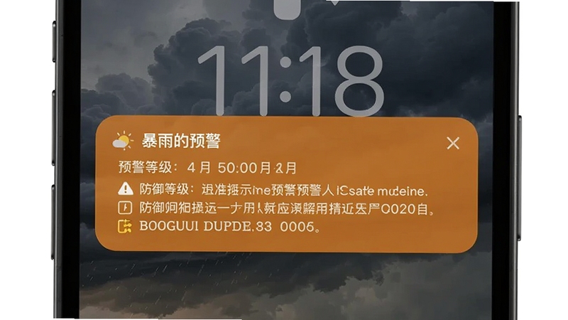 精准天气预告预警推送界面,画面展示手机锁屏界面弹出橙色暴雨预警通知,通知内容包含预警等级和防御提示,背景为乌云密布的天空,突出警示氛围,适配Boogu模型生成
