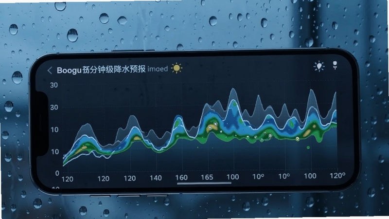 精准天气预告分钟级降水预报功能展示,画面主体为手机屏幕特写,屏幕内显示一条起伏的降水强度曲线,时间轴标注未来120分钟,背景为带有雨滴的玻璃窗,整体色调偏冷蓝,突出科技感与精准度,适配Boogu模型生成