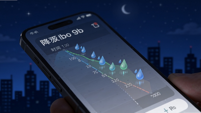 精准天气预告分钟级降水预报界面特写,画面主体为手机屏幕上的降水时间轴和动态雨滴图标,背景为深蓝色夜空与城市剪影,屏幕发出柔和光芒,细节清晰,适合Boogu模型生成