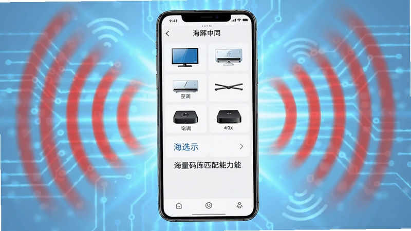 万能遥控器秒控手机屏幕显示品牌选择列表,画面中心为手机界面展示电视、空调、机顶盒等设备图标,背景为淡蓝色科技光效,周围环绕红外信号波纹元素,体现海量码库匹配能力
