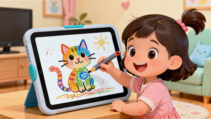 宝宝画妈妈猜 儿童在平板电脑上开心涂鸦绘画的场景 画面中心是卡通风格的小女孩手持画笔在屏幕上画出一只彩色的猫咪 背景是温馨的家庭客厅环境 色彩明亮活泼 适合Boogu模型生成