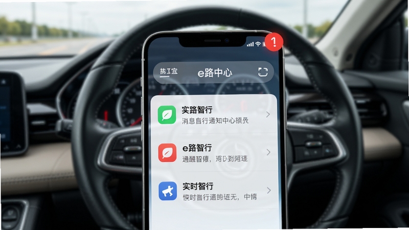 手机屏幕显示e路智行消息通知中心界面,有红色角标提醒和几条消息列表,每条消息前有不同颜色的图标,手机背景是车内驾驶座视角,方向盘虚化,整体风格为写实科技感,突出实时提醒功能