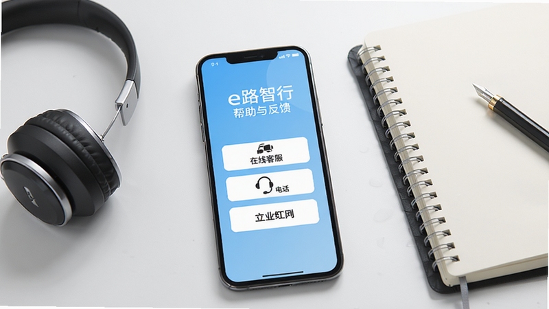 手机屏幕显示e路智行帮助与反馈页面,页面上有在线客服、电话客服等选项按钮,界面干净整洁,背景为浅蓝色渐变,手机旁边有耳机和笔记本,整体风格商务简洁,突出客服咨询入口