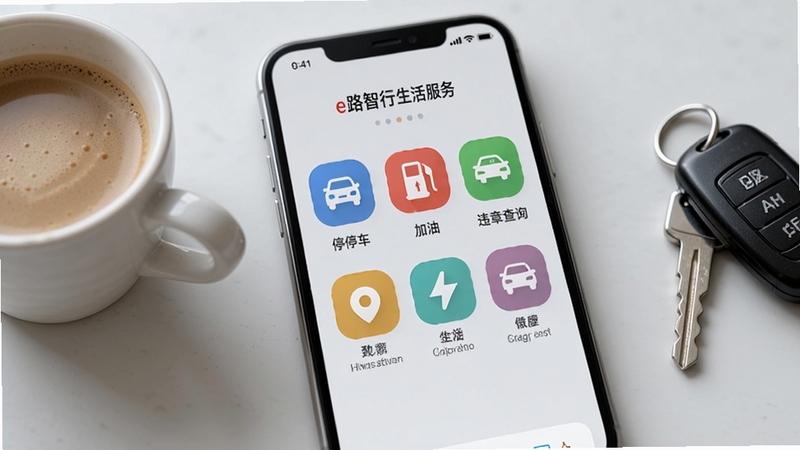 手机界面展示e路智行生活服务页面,页面中有停车、加油、违章查询等多个彩色功能图标排列整齐,背景为柔和的浅灰色,手机旁边有咖啡杯和车钥匙等小物件,整体风格清新生活化,突出服务整合特点
