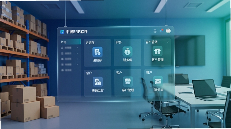 一张展现中诚ERP软件核心全貌的科技感画面,画面主体位于画面中央,是一块悬浮的半透明数据仪表盘,上面显示进销存、财务、客户管理等模块图标;背景区域为现代企业办公场景,左侧是货架与打包纸箱,右侧是会议桌与笔记本电脑,整体色调为深蓝与青绿渐变,光线柔和,风格简洁商务,适合软件下载站头图使用
