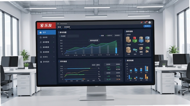 乐友仓库管理软件主界面全景展示,画面中央为软件仪表盘与库存数据看板,左侧为功能导航栏,背景为整洁的现代化办公室环境,整体色调清新专业,突出仓库管理软件的核心全貌