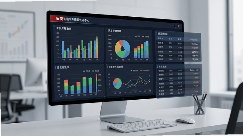 乐友仓库管理软件报表统计中心,画面展示多张彩色图表与数据列表悬浮在屏幕上,背景为简洁的办公桌面,体现数据分析与经营决策的专业感