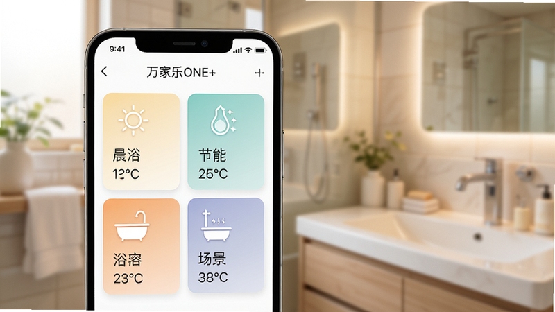 万家乐ONE+ APP场景模式选择界面特写,手机屏幕显示晨浴、节能、浴缸等多种场景卡片,每张卡片带有对应图标与温度参数,背景为温馨家庭浴室环境,画面风格清新现代,色彩柔和