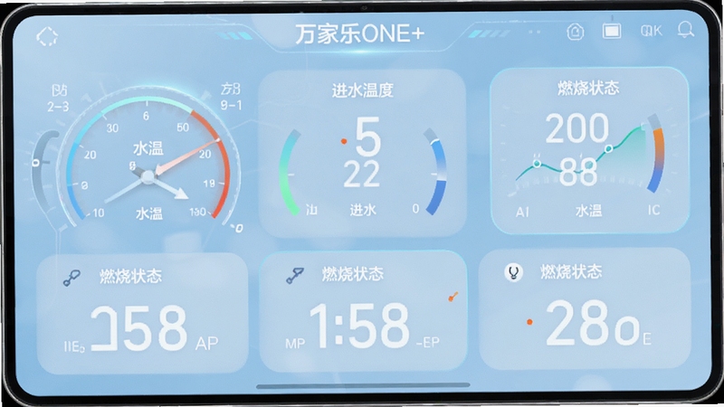 万家乐ONE+ APP设备状态监测页面截图风格展示,屏幕显示水温、进水温度、燃烧状态等数据仪表盘,界面简洁科技感强,背景为淡蓝色渐变,突出数据可视化元素