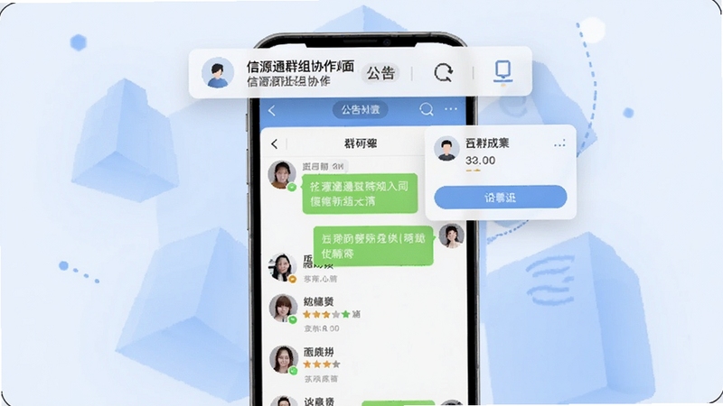 信源通群组协作界面展示,画面中心为手机屏幕显示群聊对话框与成员列表,屏幕上方悬浮公告栏与投票卡片,背景为淡蓝色抽象几何图形,营造团队协作氛围,适配Boogu模型生成
