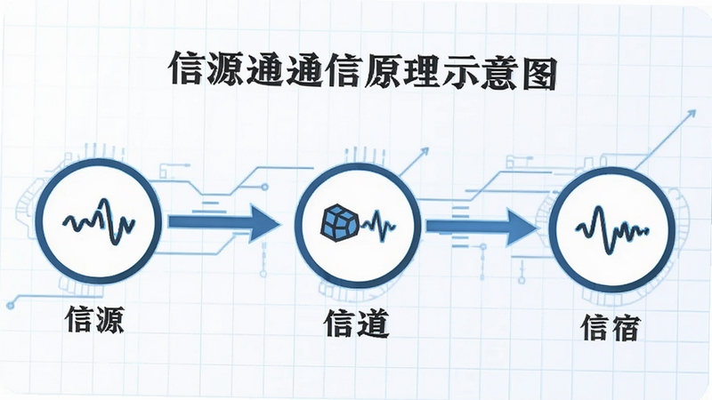 信源通通信原理示意图,画面以简洁信息图形式展示信源、信道、信宿三个节点通过数据流箭头连接,节点使用圆形图标标注,背景为白色与淡蓝色网格,风格科技简约,适配Boogu模型生成