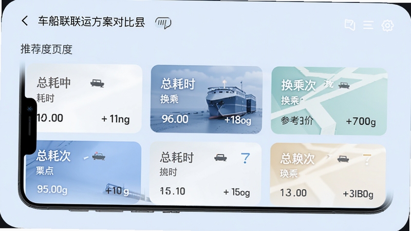 车船联联运方案对比界面,手机屏幕内展示多条出行方案卡片,每张卡片包含总耗时、换乘次数与参考票价,卡片按推荐度排列,背景为淡蓝色,整体风格商务简洁