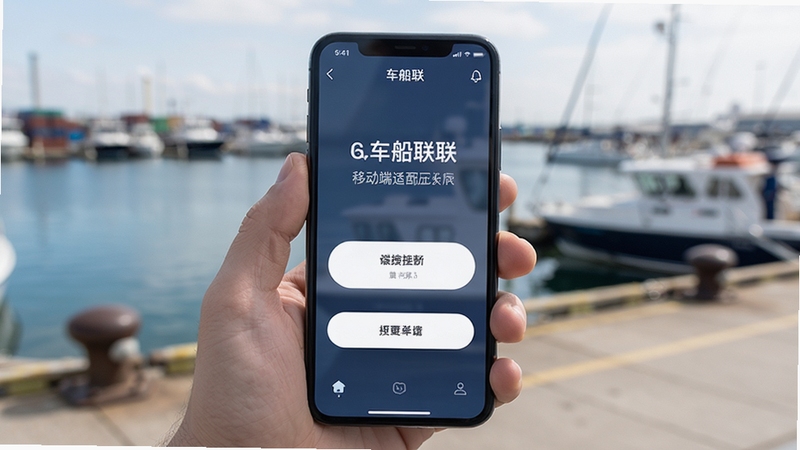 车船联移动端适配展示图,画面为手机握持状态,屏幕内显示车船联应用界面,字体清晰按钮宽大,背景为户外码头场景虚化,突出移动端使用便捷性