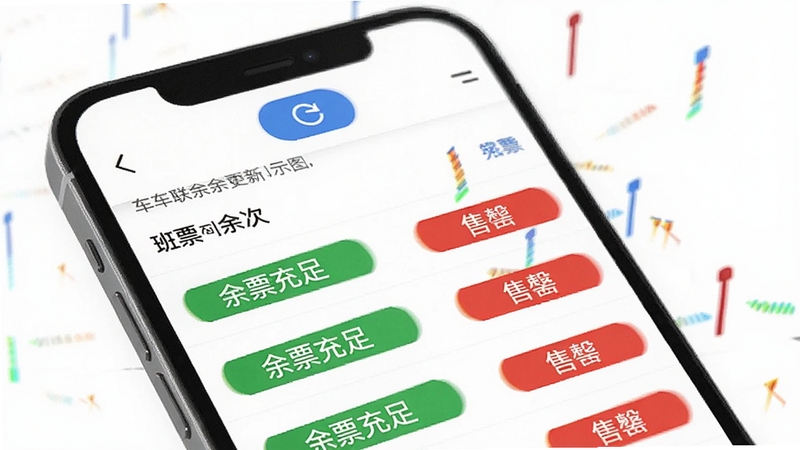 车船联余票实时更新示意图,画面主体为手机屏幕,屏幕内显示班次列表,部分班次标注绿色余票充足,部分标注红色售罄,屏幕上方有刷新按钮,背景为白色简洁风格,突出数据动态感