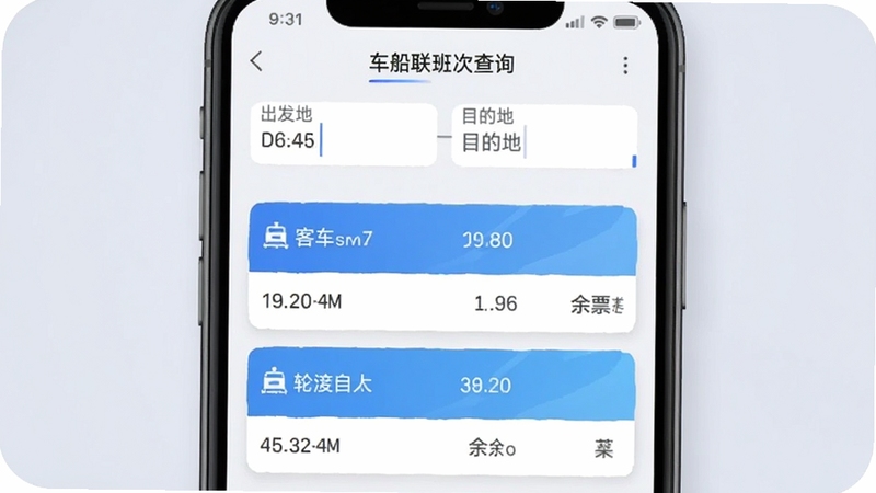 车船联班次查询界面截图风格图,画面展示手机屏幕内出发地与目的地输入框,下方列出客车与轮渡衔接班次卡片,卡片上标注时间与余票信息,背景为柔和的浅灰色,整体布局清晰直观