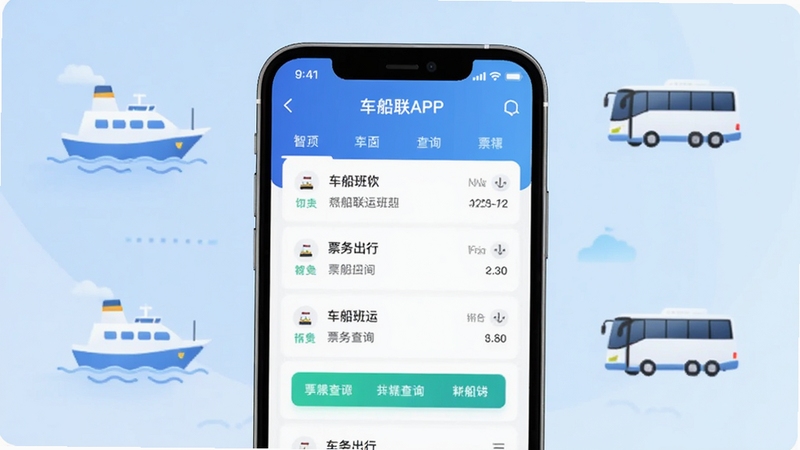 车船联APP主界面展示图,画面中央为手机屏幕,屏幕内呈现车船联运班次列表与票务查询界面,背景为淡蓝色渐变,点缀简约的轮船与客车图标,整体风格清爽现代,突出智慧出行主题