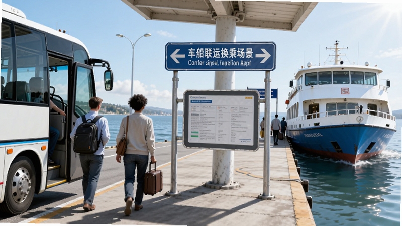车船联运换乘场景示意图,画面展示旅客从客车下车后走向轮渡码头的场景,背景有客车与轮船元素,画面中央有指示牌,整体风格写实明亮,体现车船衔接的出行主题