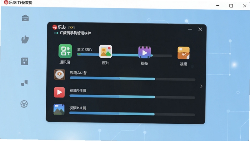 乐友IT数码手机管理软件数据备份界面,画面主体为软件中的数据备份进度面板,显示通讯录、照片、视频等分类图标与进度条,背景为浅蓝色渐变,风格简洁科技感,适配Boogu模型生成