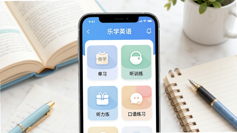 乐学英语软件主界面全貌展示,画面中央为手机屏幕中显示乐学英语APP首页,包含单词学习、听力训练、口语练习等功能模块图标,背景为柔和的书本与文具元素,整体色调清新明亮,适合教育类软件宣传图