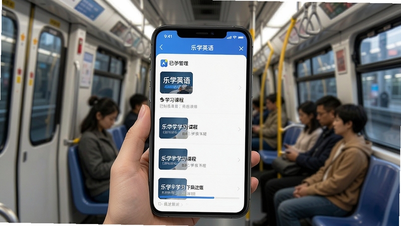 乐学英语离线学习功能示意图,画面展示手机屏幕中乐学英语APP的下载管理页面,显示已缓存的学习课程列表和下载进度,背景为地铁或公交场景,体现移动学习便利性