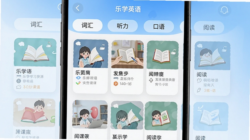 乐学英语海量学习资源界面截图,画面展示手机屏幕中乐学英语APP的课程列表页面,包含词汇、听力、口语、阅读等多个分类标签,每个分类下排列着丰富的学习内容卡片,背景为淡蓝色渐变,整体风格清爽整洁