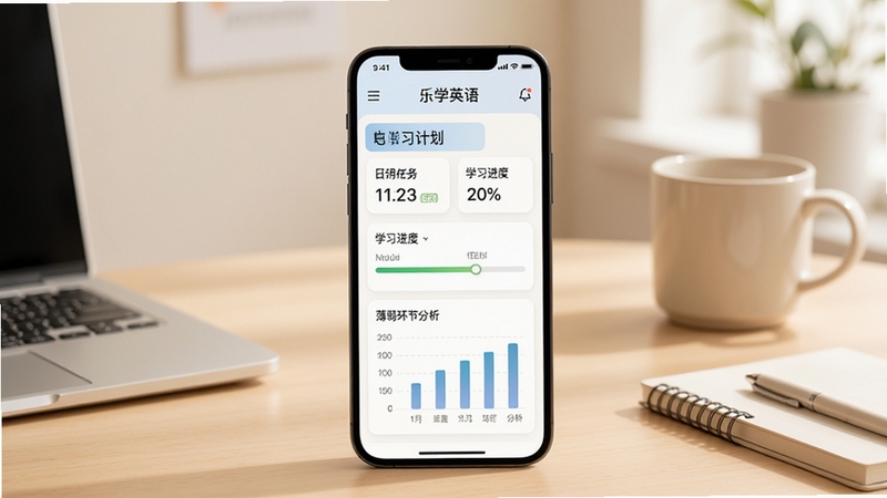 乐学英语智能学习规划功能展示,画面中央为手机屏幕显示学习计划界面,包含每日任务、学习进度条、薄弱环节分析图表等元素,背景为简约的办公桌面,色调柔和舒适