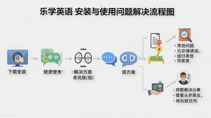 乐学英语安装与使用问题解决流程图,画面以信息图形式展示从下载安装到正常使用的完整步骤,包含常见问题图标与解决方案文字说明,背景为浅灰色,风格简洁专业