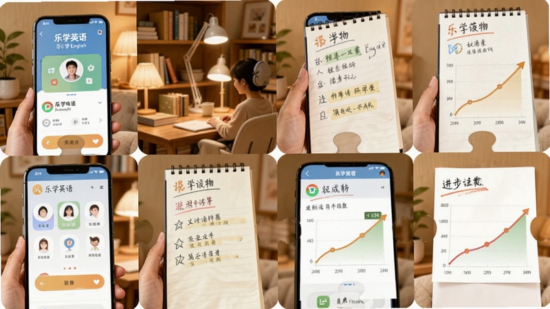 乐学英语用户评价与使用场景拼图,画面由多张截图组成,展示不同用户使用乐学英语学习的场景,包含手机界面、学习笔记、进步曲线等元素,背景为温馨的学习角落,整体色调温暖明亮