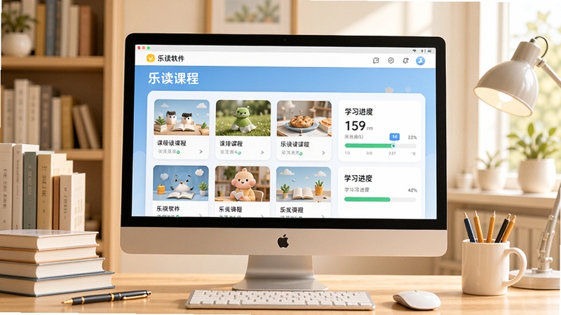 乐读软件界面中展示丰富的课程列表与学习进度条,背景为明亮温馨的书房环境,画面中央是电脑屏幕上的乐读课程页面,周围环绕着书籍与文具元素,整体风格清新简洁,适合教育类软件宣传图,细节清晰,色彩柔和