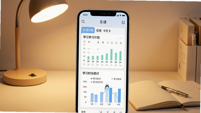 乐读移动端展示智能学习计划界面,手机屏幕中央显示任务打卡日历与学习时长统计图表,背景为书桌一角,有台灯和笔记本,画面风格温暖治愈,突出教育软件的学习管理功能,构图干净,光影柔和