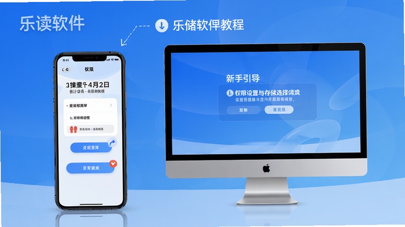 乐读软件在新手引导页面展示权限设置与存储选择界面,画面为手机与电脑双端并排展示,背景为简洁的蓝色渐变,突出操作步骤与提示文字,风格现代科技感,适合教程类配图,细节清晰