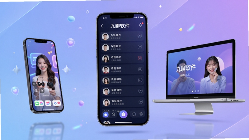 九聊软件主界面全貌展示,画面中央为九聊语音聊天室列表,背景是柔和的蓝紫色渐变,手机与电脑双端设备悬浮在画面两侧,现代简洁的UI设计风格,高清细节,科技感与社交氛围结合