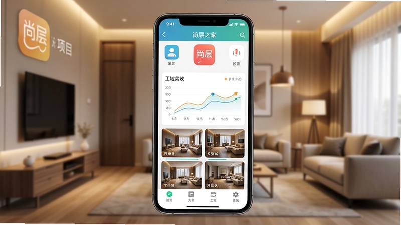 尚层之家APP主界面展示,画面中央为手机屏幕内显示装修项目进度看板与工地实况缩略图,背景为现代简约家居环境,暖色调灯光,突出应用图标与核心功能区域,风格写实清晰。