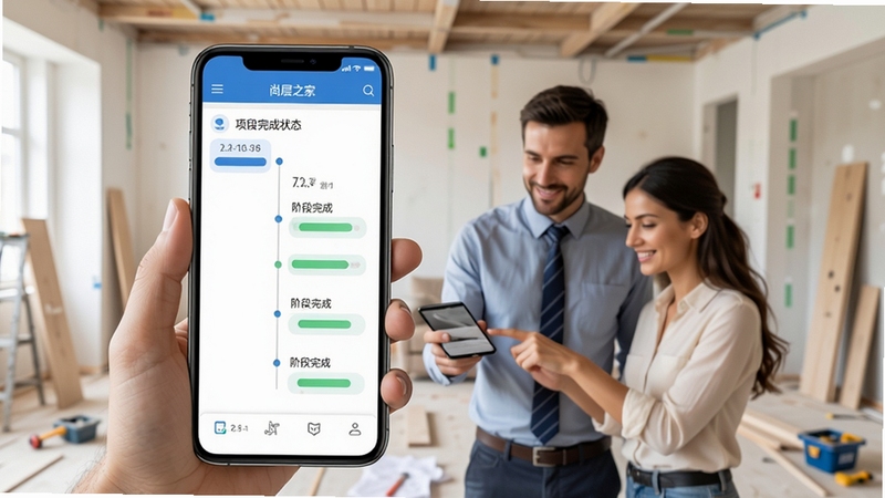 尚层之家APP项目进度追踪界面,手机屏幕显示时间轴与阶段完成状态,背景为家居装修现场,有设计师与业主查看手机的场景,画面明亮整洁,突出功能实用性。