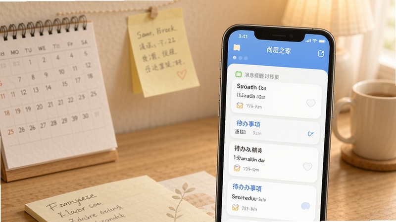 尚层之家APP消息提醒与待办管理界面,手机屏幕显示通知列表与待办事项卡片,背景为温馨家居桌面,有日历与便签元素,画面清晰柔和。