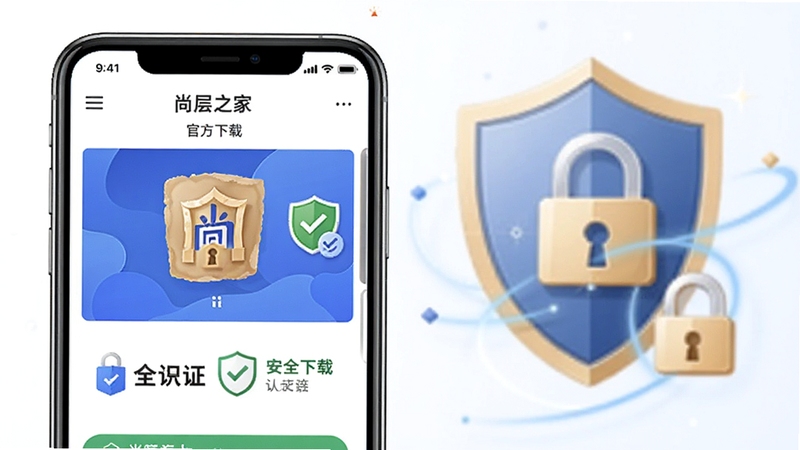 尚层之家APP安全下载与安装界面展示,手机屏幕显示官方下载页面与安全认证标识,背景为盾牌与锁形图标元素,画面简洁可信,突出安全下载主题。