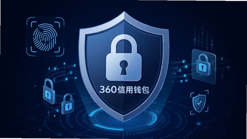 360信用钱包安全保障功能示意图,画面中心为一只盾牌与锁形图标,盾牌表面有360信用钱包文字标识,背景为深蓝色科技感网格纹理,周围环绕指纹识别与加密数据流元素,整体风格稳重可靠