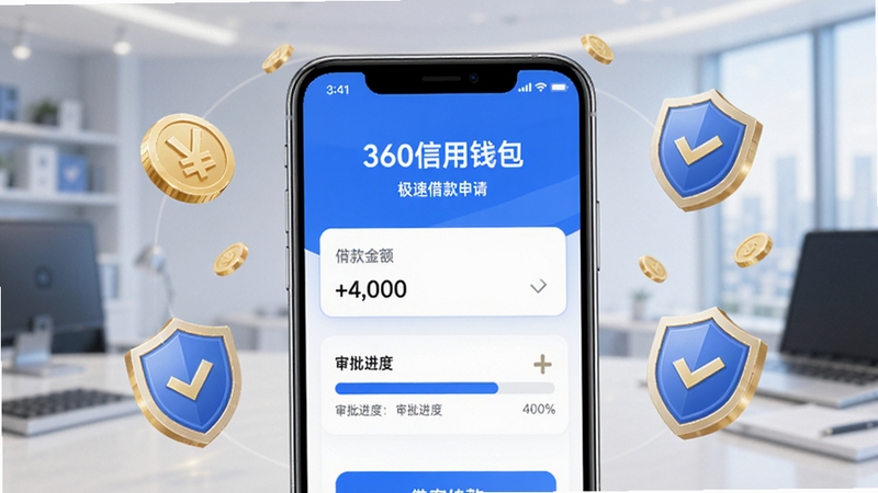 360信用钱包极速借款申请界面展示,手机屏幕中显示借款金额输入框与审批进度条,背景为简约商务风格,主色调为蓝色与白色,画面中心为手机界面特写,周围环绕金币与盾牌图标象征安全与快捷