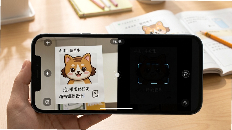 喵喵错题软件拍照去手写功能界面,手机屏幕显示错题原图与处理后空白题目对比,背景为书桌与练习册,光线明亮柔和,画面简洁清晰,突出智能识别效果