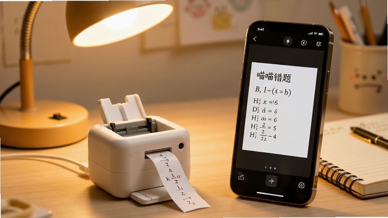 喵喵错题软件连接便携打印机输出错题纸条,桌面摆放迷你打印机与手机,手机屏幕显示打印预览界面,纸条上清晰印有数学题,背景为暖色台灯与笔记本,画面温馨实用