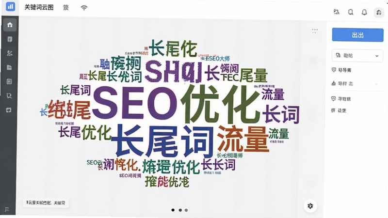 云里关键词挖掘大师关键词云图生成界面,屏幕中央显示彩色词云图,词汇如“SEO优化”“长尾词”“流量”等以不同大小排列,背景为浅灰色工作区,右侧有导出按钮,整体风格清新专业