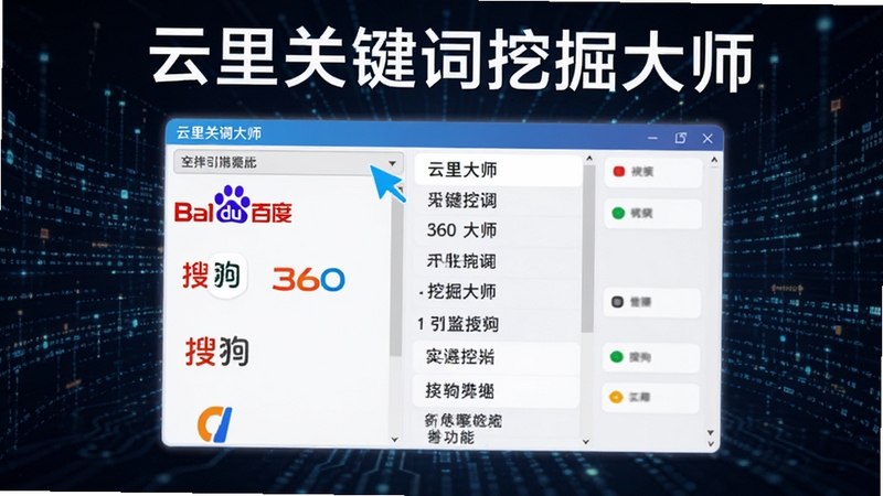 云里关键词挖掘大师多引擎挖掘功能展示,画面中央为软件操作界面,左侧下拉选择百度、搜狗、360等引擎图标,右侧实时滚动生成关键词列表,背景为深色科技风格数据流,突出智能与高效,画面包含云里关键词挖掘大师字样