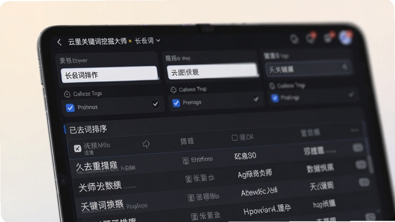 云里关键词挖掘大师长尾词筛选面板特写,界面显示多个筛选条件输入框与勾选项,下方列表展示已去重排序的关键词,背景为柔和浅色,突出操作便捷与数据精准