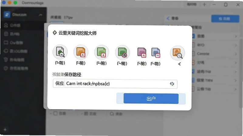 云里关键词挖掘大师导出功能界面截图,弹出窗口显示多种格式图标与保存路径选择,背景为软件主界面虚化,突出导出按钮与格式选项,整体简洁明了
