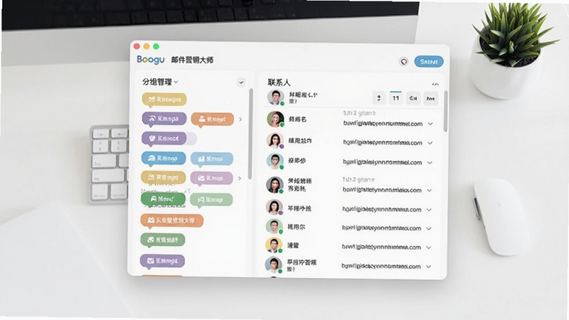 云里邮件营销大师联系人分组界面,画面中心为分组管理窗口,左侧显示多个彩色分组标签,右侧为联系人列表,包含姓名与邮箱字段,背景为简约白色办公桌,整体色调清新,适合Boogu模型生成