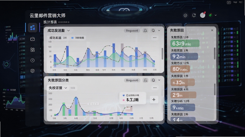 云里邮件营销大师发送统计报表界面,画面主体为数据图表与状态列表,显示成功发送数量与失败原因分类,背景为深色科技感数据大屏风格,适合Boogu模型生成