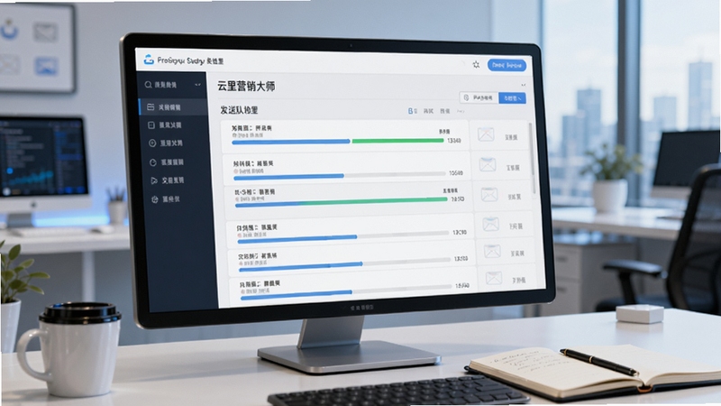 云里邮件营销大师批量发送功能展示,画面主体为软件界面中的发送队列面板,显示多封邮件正在排队发送,进度条清晰可见,背景为科技感浅色办公室环境,屏幕旁有咖啡杯与记事本,细节丰富,适合Boogu模型生成