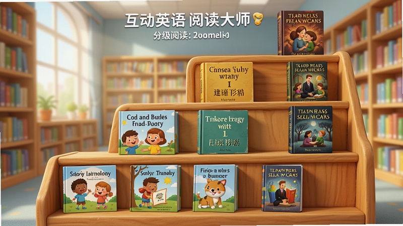 互动英语阅读大师 分级阅读界面 画面展示一个阶梯状的书架 每一层书架放置不同难度的书籍 从低到高排列 有儿童绘本也有经典名著 背景为明亮的图书馆 色彩丰富 卡通写实风格