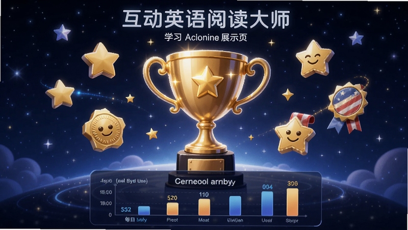 互动英语阅读大师 学习成就展示页 画面中央为一个发光的奖杯 周围漂浮着星星和勋章 背景是深蓝色的星空 下方有柱状图显示每日学习时长 科技感与学习氛围结合